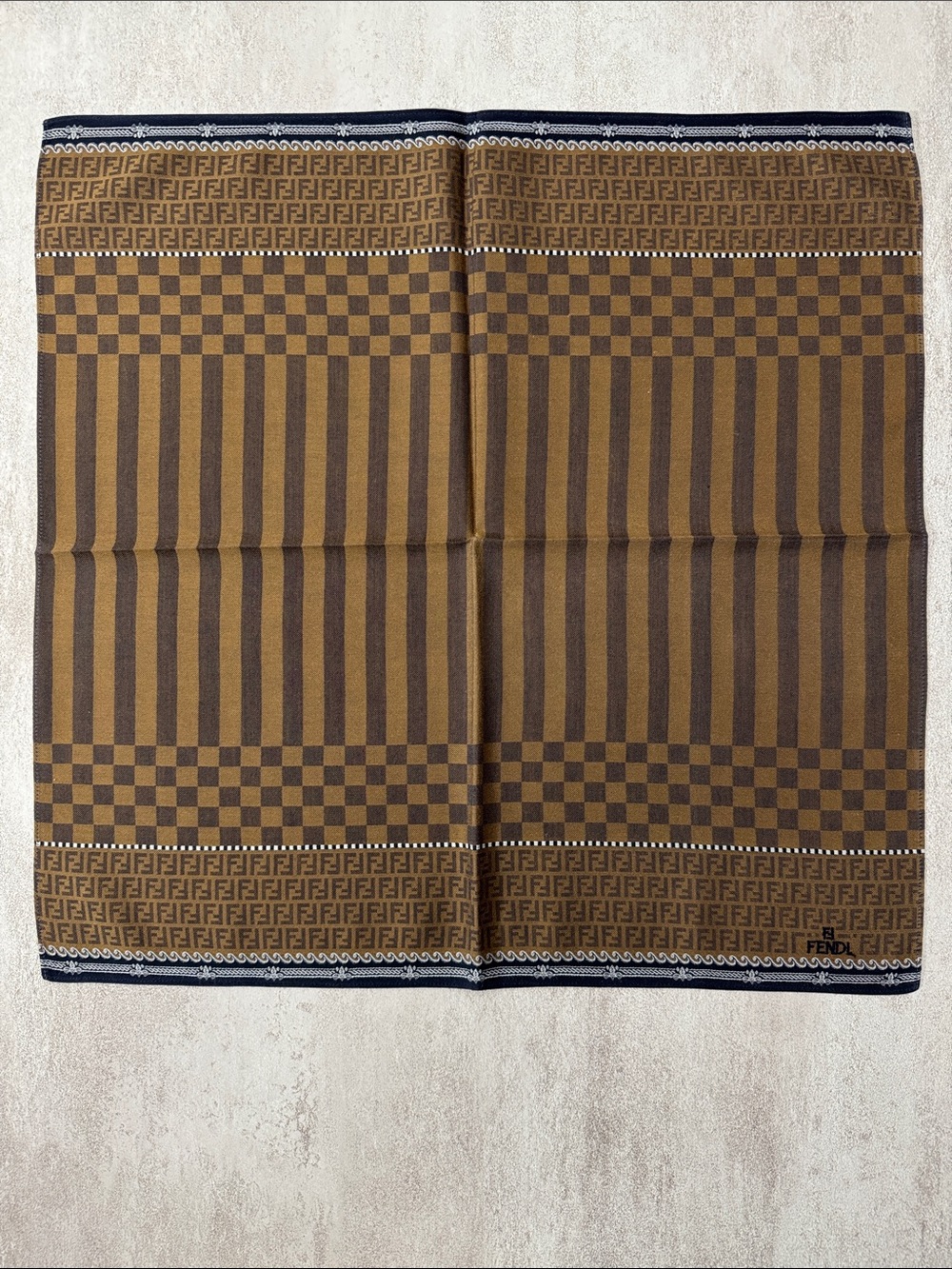 Fendi Brown & Dark Brown Checkerboard cotton Scarf with Navy Trim